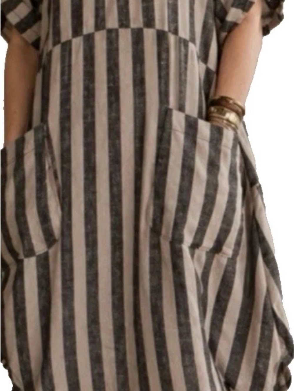 Minibee Striped Linen Blend Dress Lagenlook Boho Oversized Pockets Tunic Large